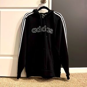 Adidas Hooded Sweatshirt Black with White Logo and White Stripes down Sleeves.